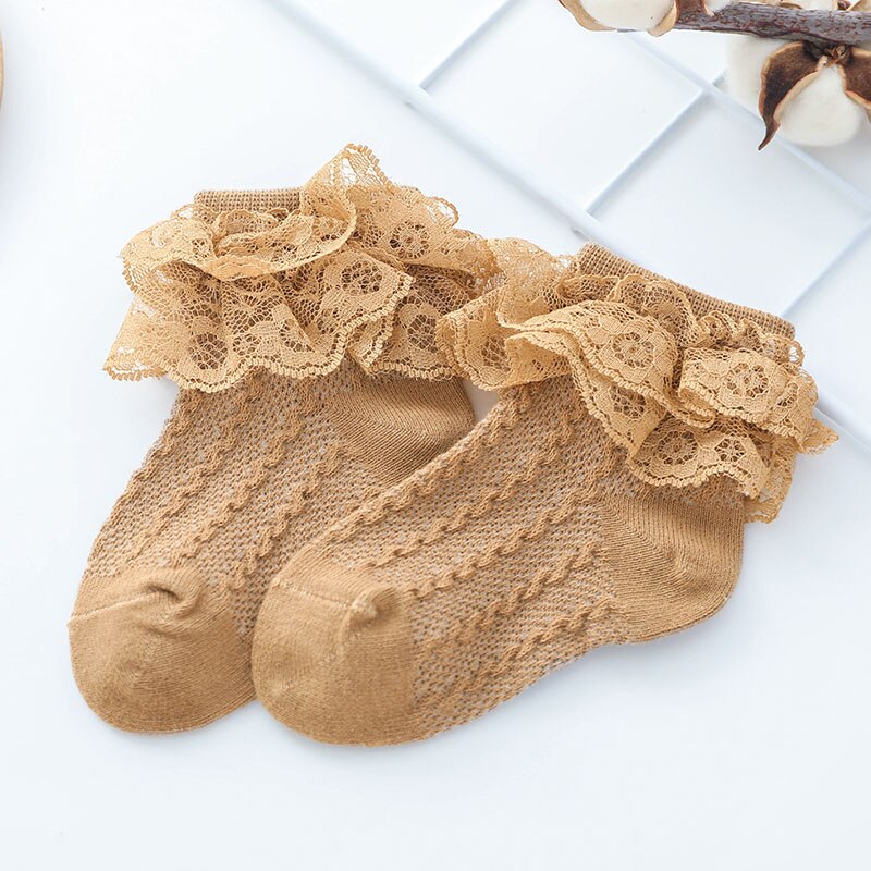Kant Ruche Prinses Baby Meisje Sokken Zomer Mesh Ademende Katoenen Sokken Effen Kleur Baby Kids Ankle Korte Sokken: brown