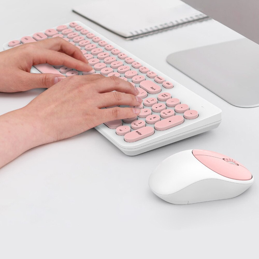 Kvinder kontor trådløst tastatur mus combo sød lyserød rund keycaps tastatur 1600 dpi optisk musedragt til asus acer hp lenovo