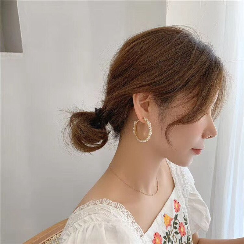 MENGJIQIAO Korean Shell Flower Circle Hoop Earrings For Women Cute Zircon Pearl Boucle d'oreille Jewelry