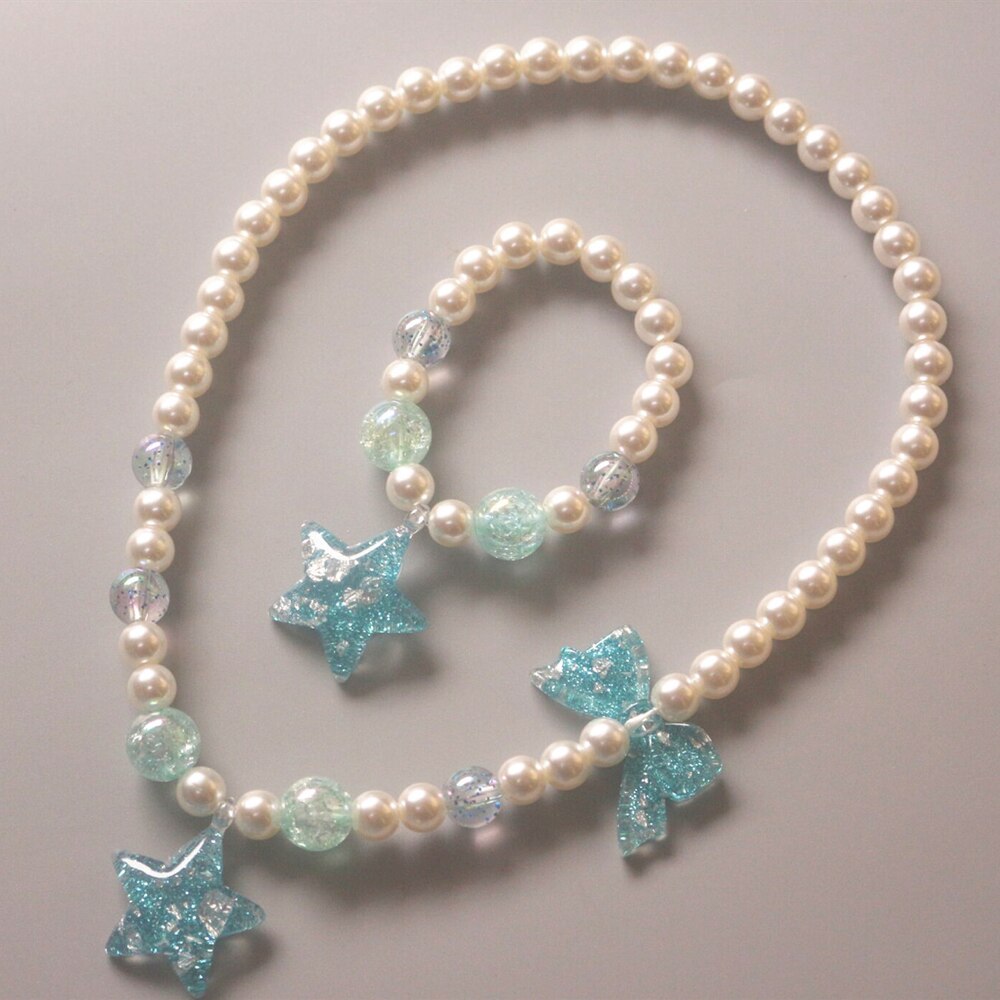 Børn perle halskæde armbånd sæt børn glitter hjerte stjerne vedhæng halskæde piger prinsesse perle legetøj børn & #39 ;s smykker: Stjerne blå