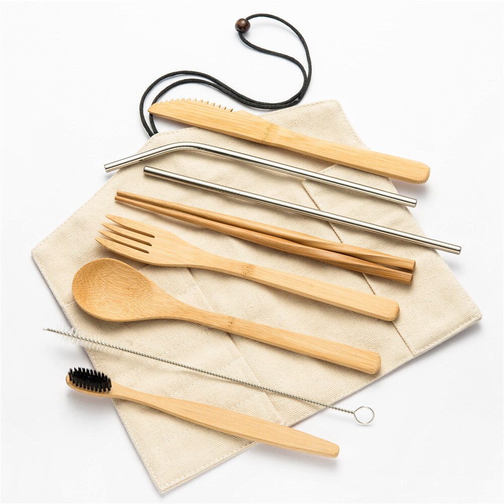 10 stuks Herbruikbare Bamboe Bestek Set Draagbare Servies Houten Bestek Vork Lepel Mes Set met Bestek Tas voor Travel Dinning set