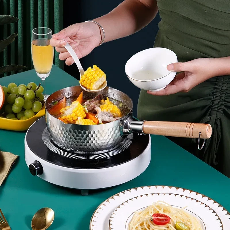 430 Stainless steel pan Japanese Snow Pan Wooden Handle Stew Pots Fry Wok Saucepan Milk Pot Kitchen Utensils Practical Cookware