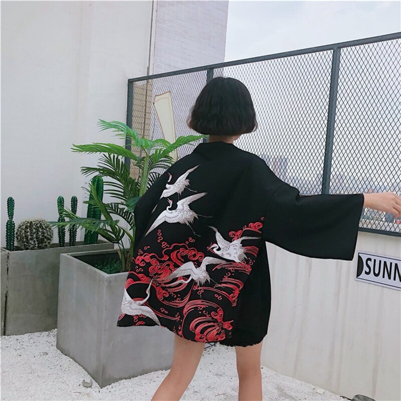 Japanese kimono traditional obi feeling Crane pattern clothing kimomo japanese cardigan kimono japones women haori