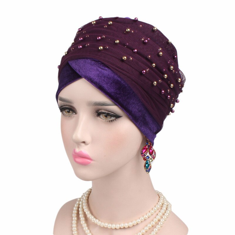 Neue Frauen Perlen Schal Hütte Muslimische Frauen Hijabs Turban Hüte Indische Kappen wickeln Kappe Lange Kopf Schal Kopftuch Hüte Haar zubehör: Stil246-5