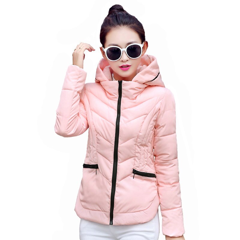 Short Winter Jacket Women Slim Female Coat Thicken Parka Cotton Hooded Fur Collar candy-colored Ladies Jacket: Pink / M