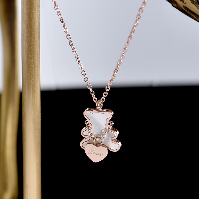 YUN RUO Lovely Little Heart Bear Pendant Necklace Rose Gold Titanium Steel Jewelry Woman Not Change Color