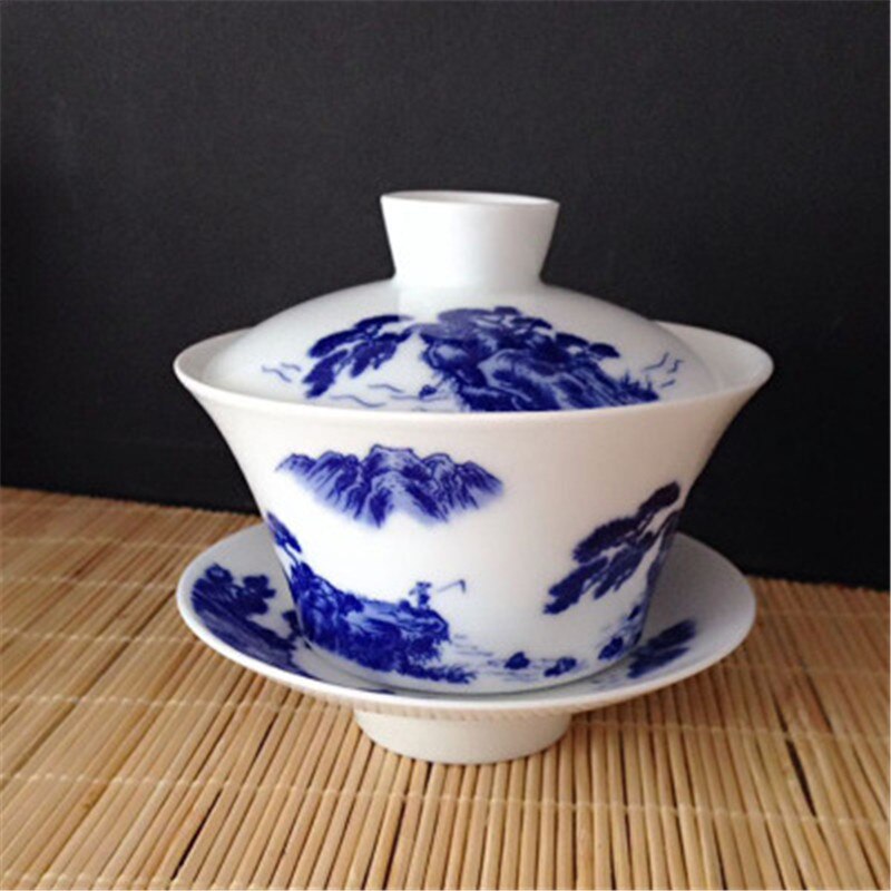 Kung fu te ceremoni 230ml drager gaiwan kinesisk blå og hvid porcelæn te kop og underkop sæt: E