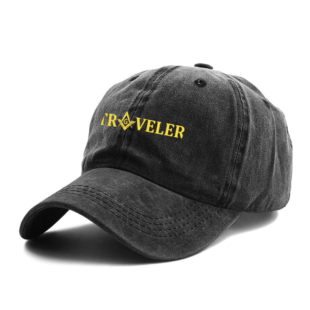 Casquette de baseball délavée pour hommes, casquettes Snapback de camionneur maçonnique de voyageur, chapeau de papa, boussole carrée dorée, chapeaux de golf de franc-maçon: Black