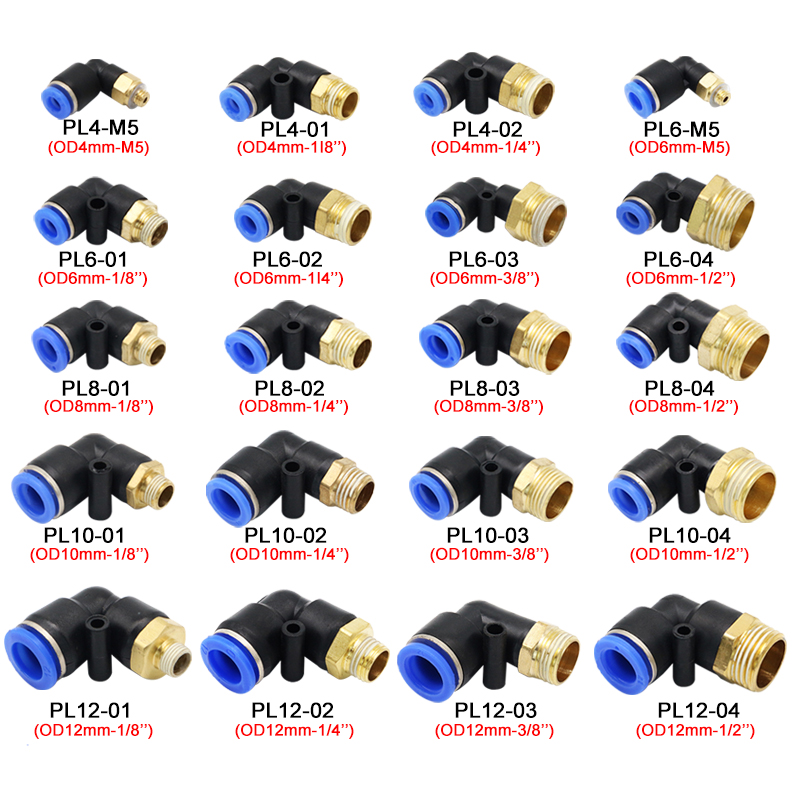 20/50/100PCS Pneumatic Air Connector PL 4 6 8 10 12mm Thread 1/8 1/4" 3/8" 1/2" Trachea Elbow Air Fittings Hose Quick Connecto