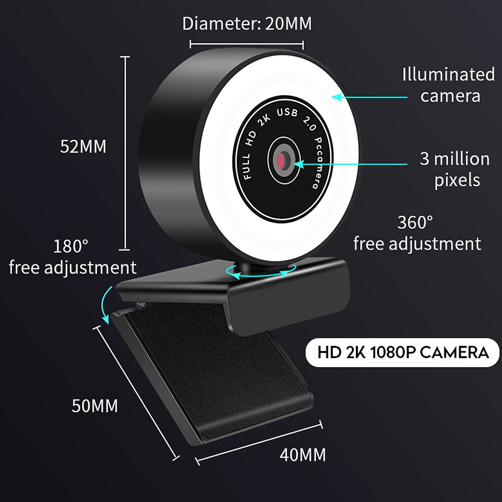 1080P Web Camera USB LED Computer Camera Adjustable White 5500K Video Webcam with Microphone for PC Twitch Skype OBS Steam