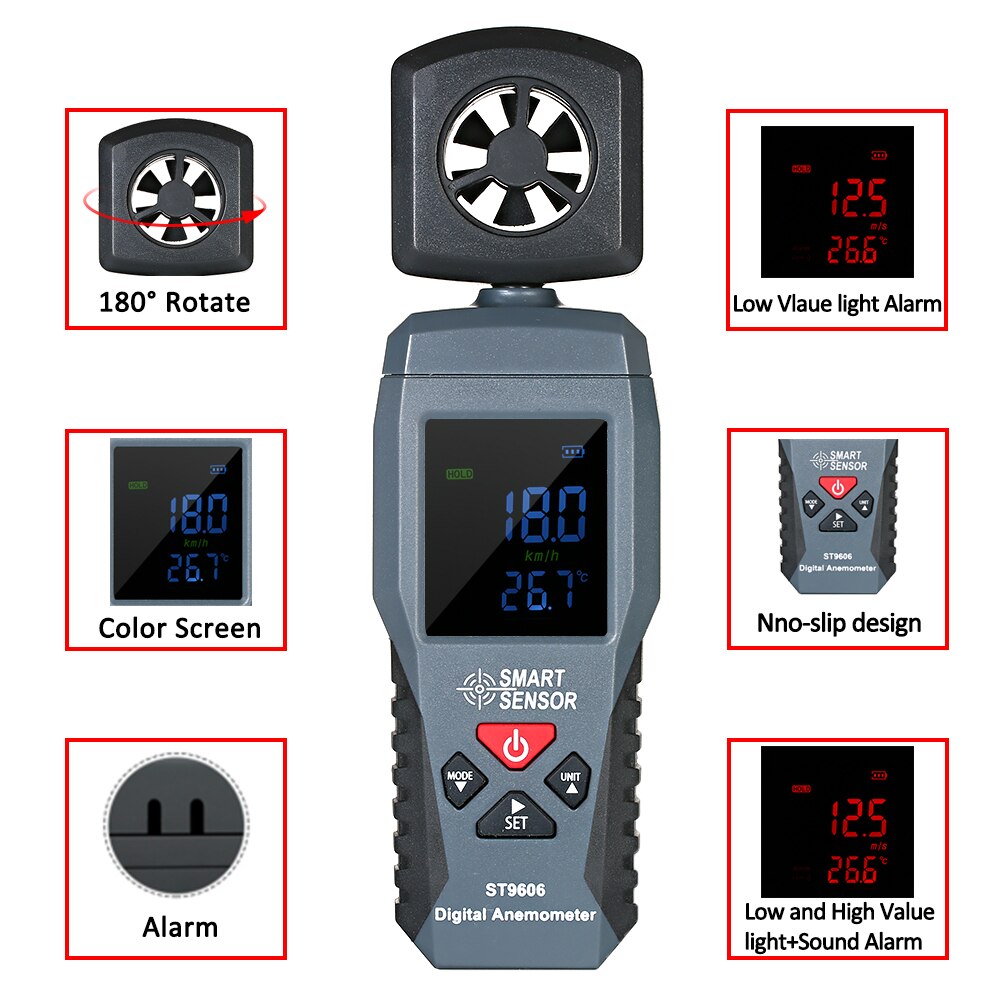 SMART SENSOR Portable Digital LCD Wind Speed Sensor Anemometer Thermometer Meter Air Velocity Gauge with Backlight