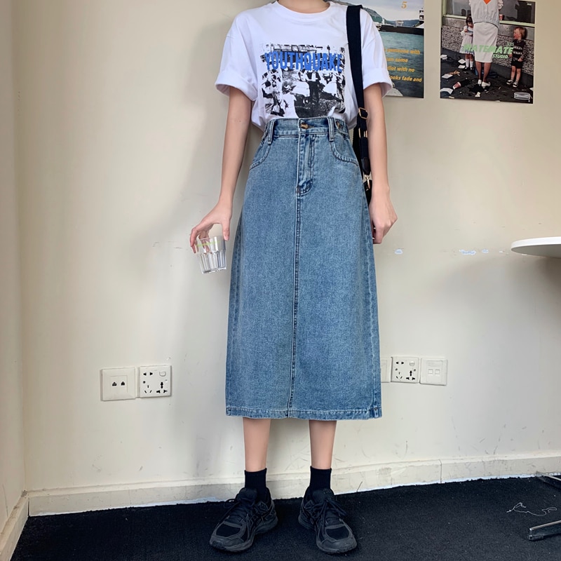 Retro lange midi denim nederdele kvinder højtaljede knaplommer split jeans lige nederdele plus størrelse koreanske sommerunderdele