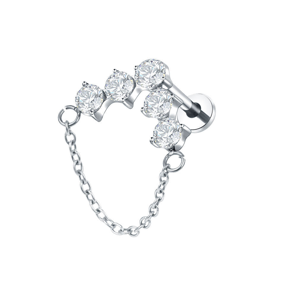 Pendientes de titanio para cartílago de la oreja, Piercings de rosca interna, perno de hélice oculto, cadena drapeada CZ, joyería con parte posterior plana, 16G, 1 ud./5 uds.