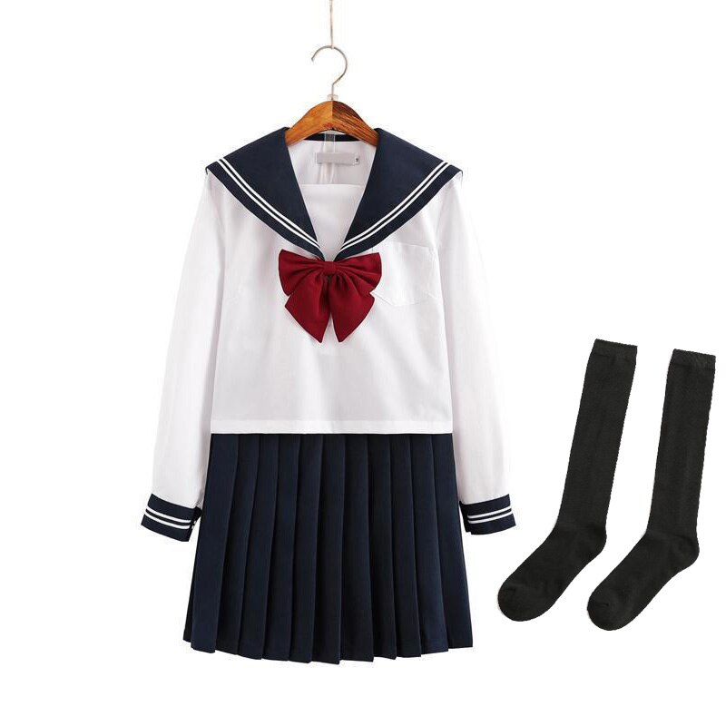 Uniforme scolaire japonais Jk, uniformes de classe de filles blanches de marin de la marine, vêtements d&#39;étudiants Anime Cosplay, costumes de marin, ensemble de jupe plissée: Long Sleeve Set / 2XL 60kg-67kg