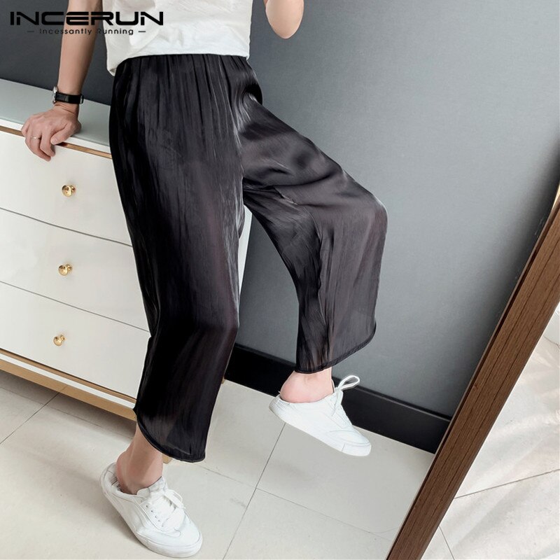 Incerun mænd afslappede løse bukser sommer joggers streetwear faux silke tynde bukser åndbare solide smarte pantalones hombre