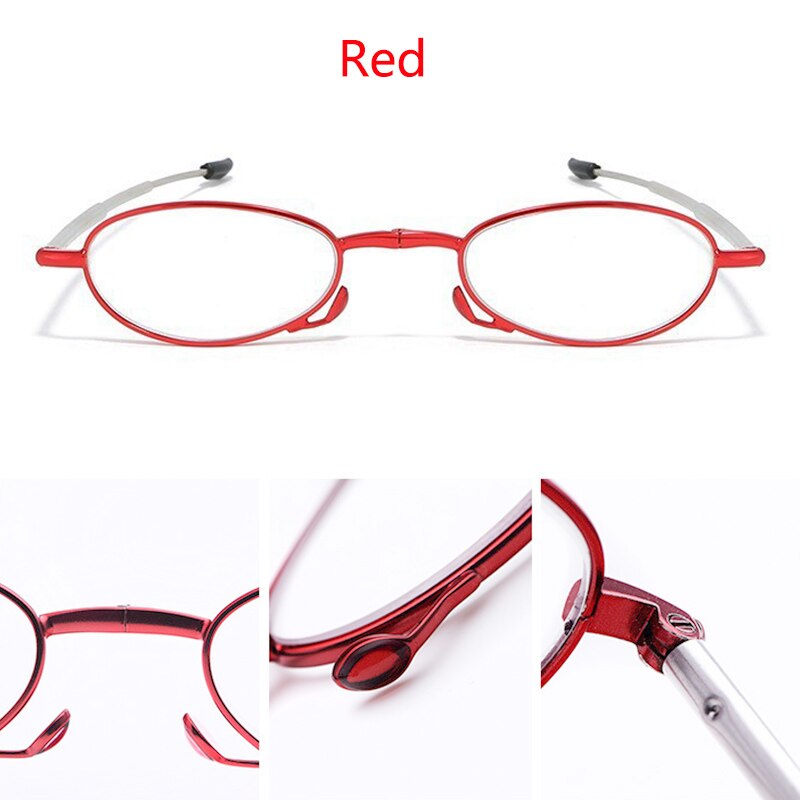 +1.5 2.0 2.5 3.0 3.5 4.0 Foldable Presbyopic Eyeglasses Folding Reading Glasses with Case oval Full Metal Frame Red