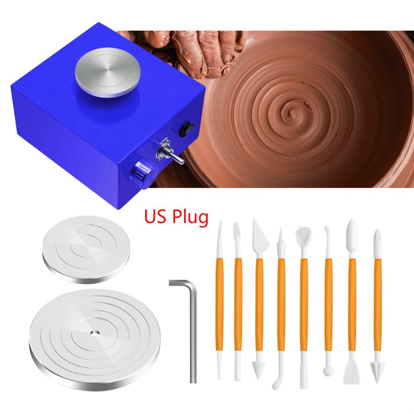 Mini rueda eléctrica de alfarería, máquina de alfarería con rueda giratoria de cerámica, herramientas para arcilla DIY, enchufe US y EU: US Plug 110V-Blue