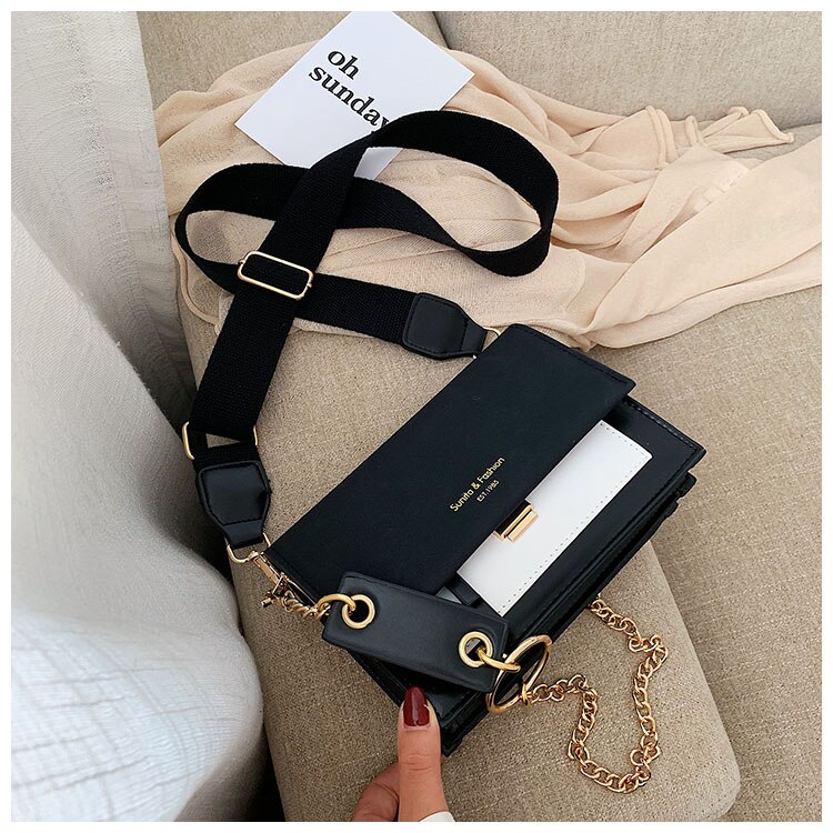 Scrub Leather Contrast Color Crossbody Bags For Women Chain Messenger Shoulder Bag Ladies Purses and Handbags Cross Body: Black