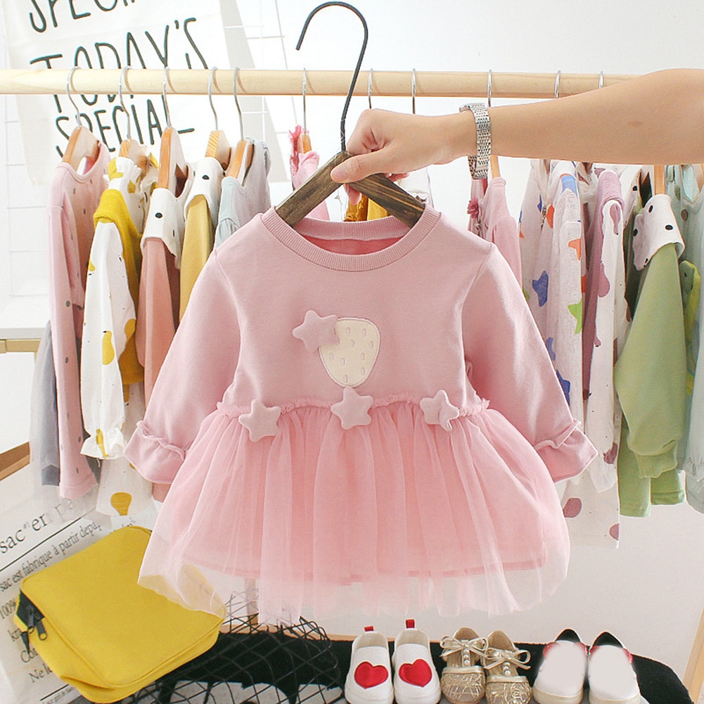Baby Girls Autumn Solid Color Long Sleeve Stars Decor Stitching Tulle Dress Princess Dresses Clothes