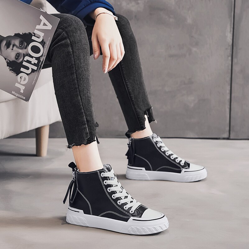 Herfst effen dames high-top skateboardschoenen klassiek wit zwart comfortabele platte schoenen