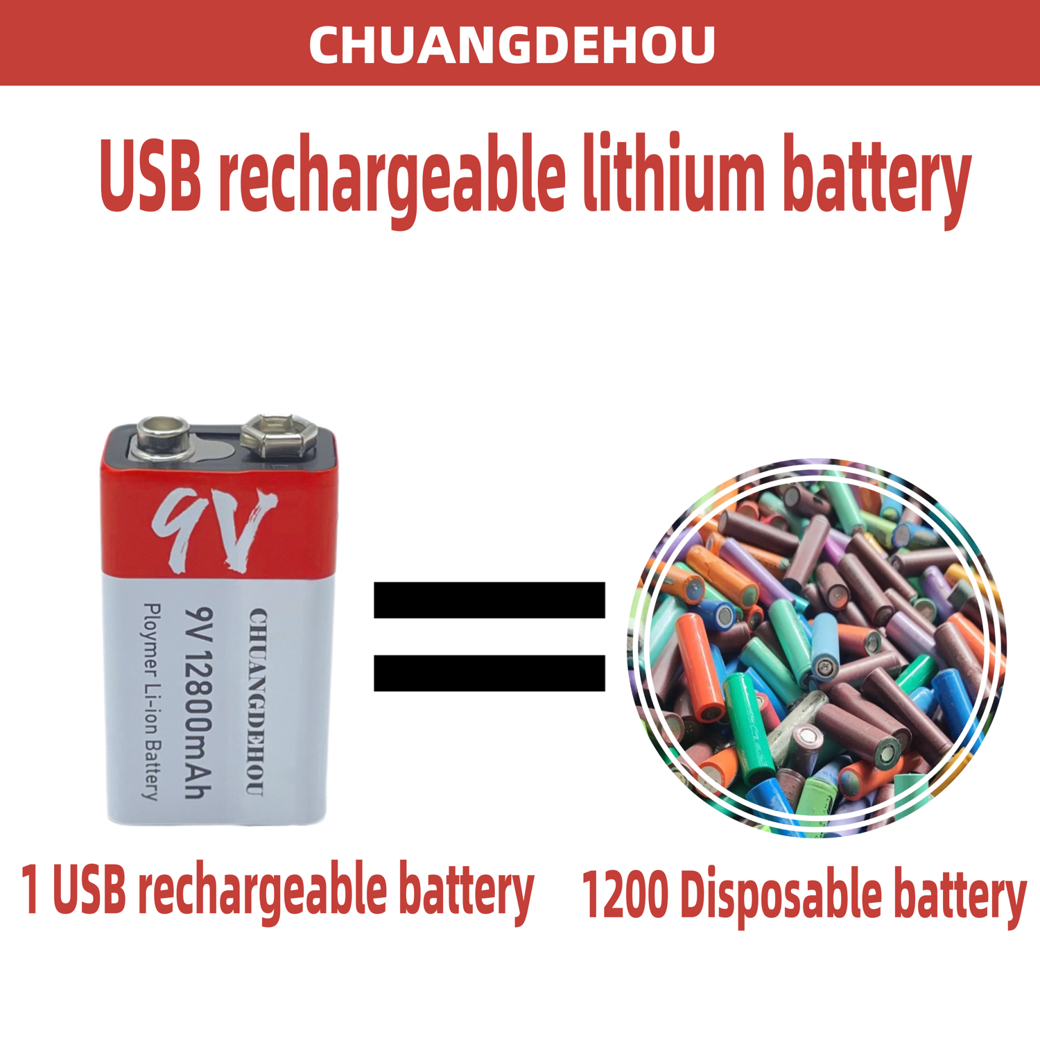 9V Lithium Battery 12800Mah Large Capacity Usb-C Fast Charging Red and White Warning Suitable for Smoke Alarm Multimeter Anti-Leakage and Explosion-Proof Recyclable Charging Ultra-Long Battery Life and Durable