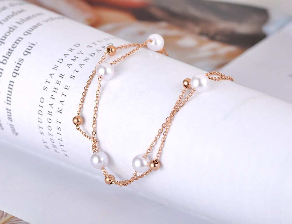 Lokaer à la Double couche blanc perle breloque Bracelets pour femme bohême acier inoxydable lien & chaîne plage Bracelet B20013