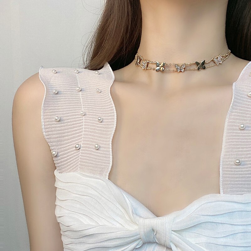 Koreaanse Mode Mooie Double Layer Choker Ketting Mooie Pave Vlinder Delicate Ketting 1071
