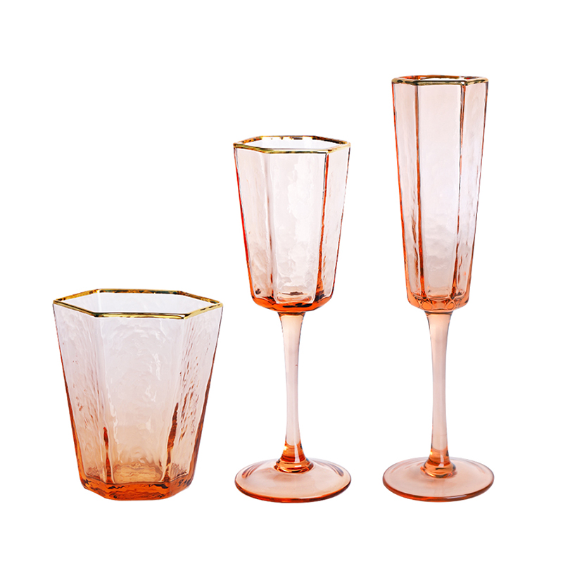 2 PCS Hexagonal Hammered Gold Rim Champagne Glass, Wine Glass,Whisky Glass, Water Glass Set of 2
