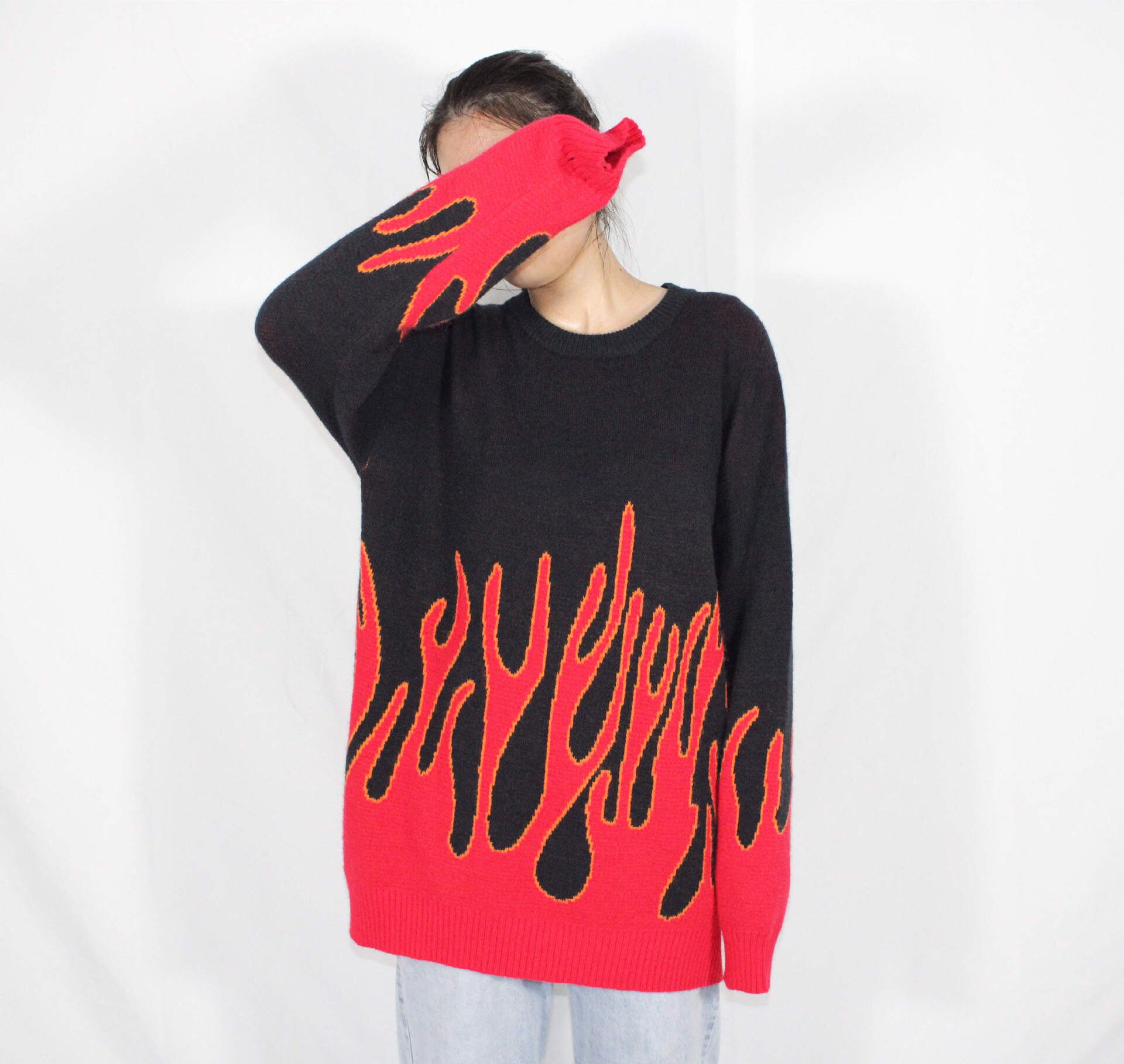 Woherb løst harajuku kvinder mand trøje strik top forår efterår flamme jacquard streetwear pullovere plus size vinter