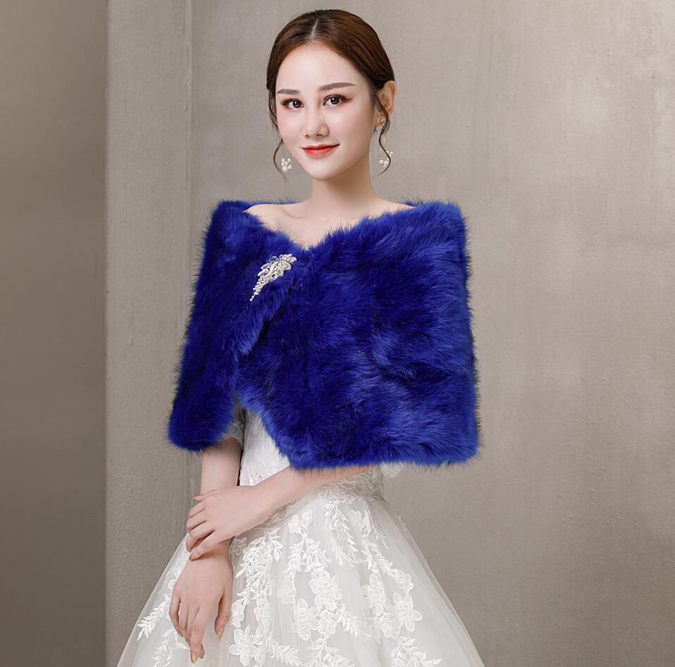 Broche bleue en fausse fourrure et cristal pour femme, Cape de mariée, étole, châle, pour fête de mariage