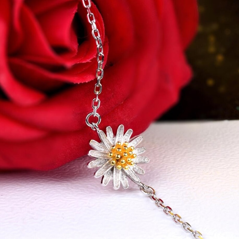 Korea Fresh Simple Flower Wild Chrysanthemum 925 Sterling Silver Temperament Female Trendy Resizable Bracelets SBR024