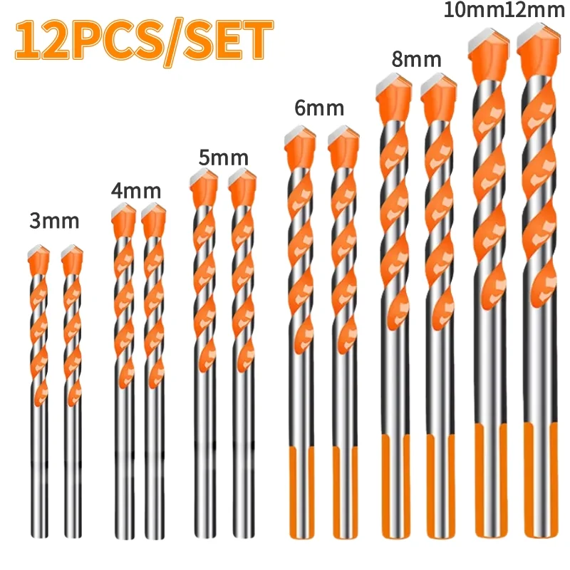 Tungsten Carbide Masonry Drill Bit Set for Metal Steel Porcelain Ceramic Tile Concrete Brick Wood 3-12mm Drilling Tools: Silver