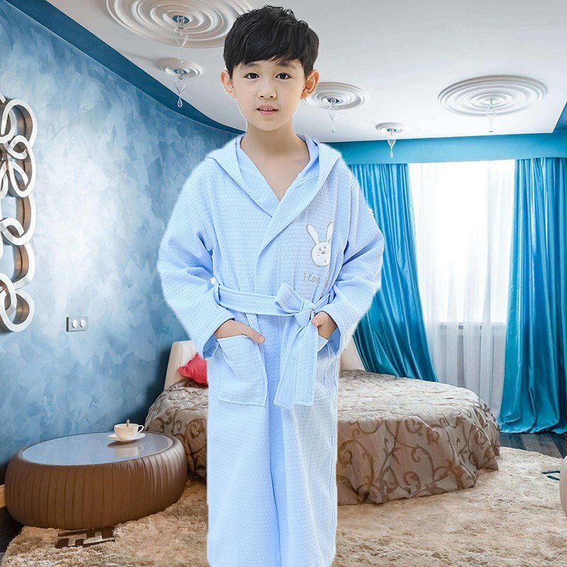 Children Hooded Bathrobe waffle Kids Boys Girls Cotton Lovely Robes Dressing Gown Kids Homewear Sleepwear with Belts summer: blue / S(100-120cm)