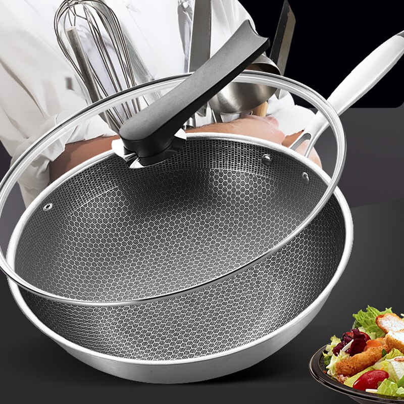 Honeycomb Handmade Stainless Steel Wok Set Nonstick Skillet Thick Wok Frying Pan Non-Stick Non Rusting Gas/Induction Cooker Pan