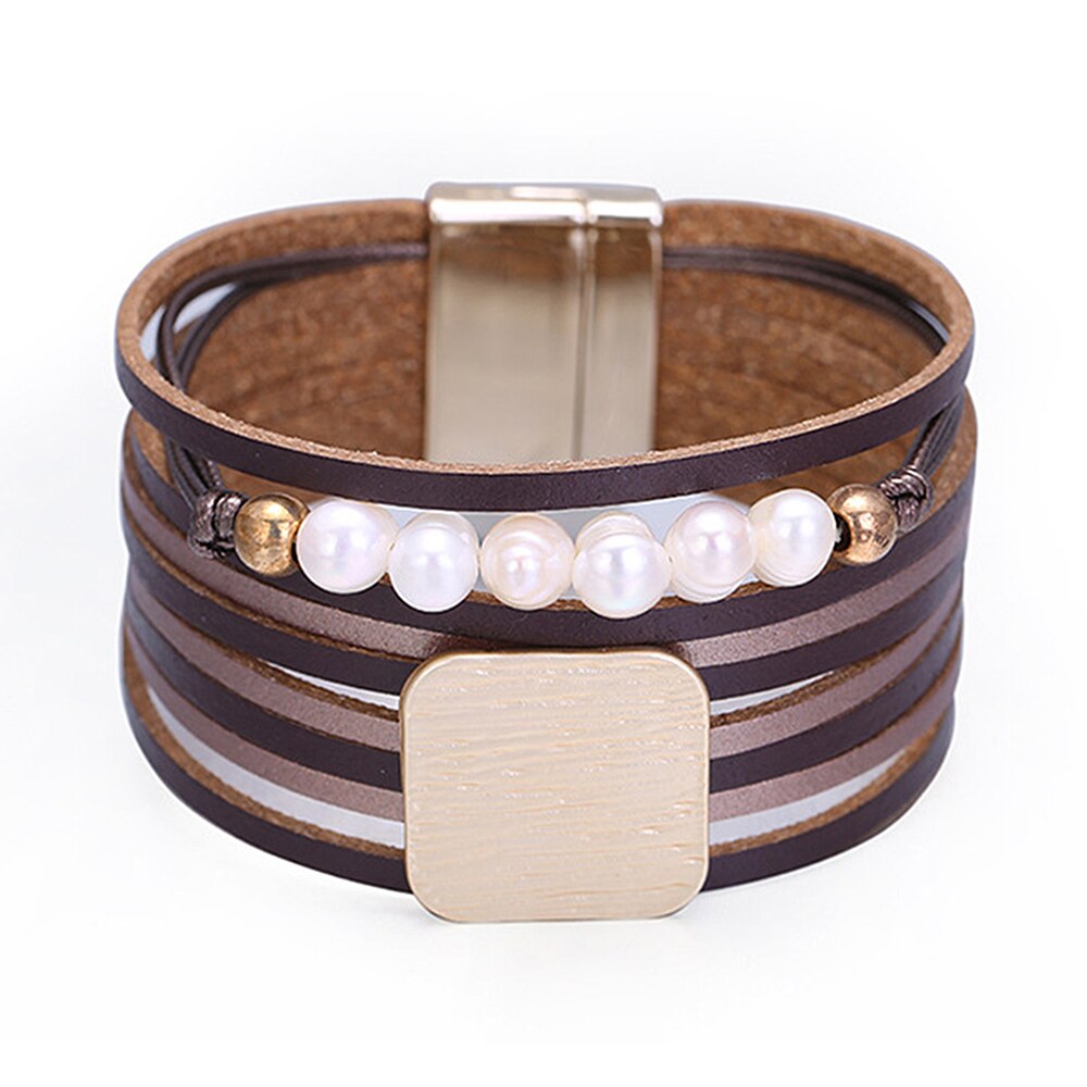 Kirykle Frauen Armbinde Geometrische Platz Metall Charme Leder Armbinde Perle Armbänder Armreifen Goldene Pendeln Schmuck: Rosa