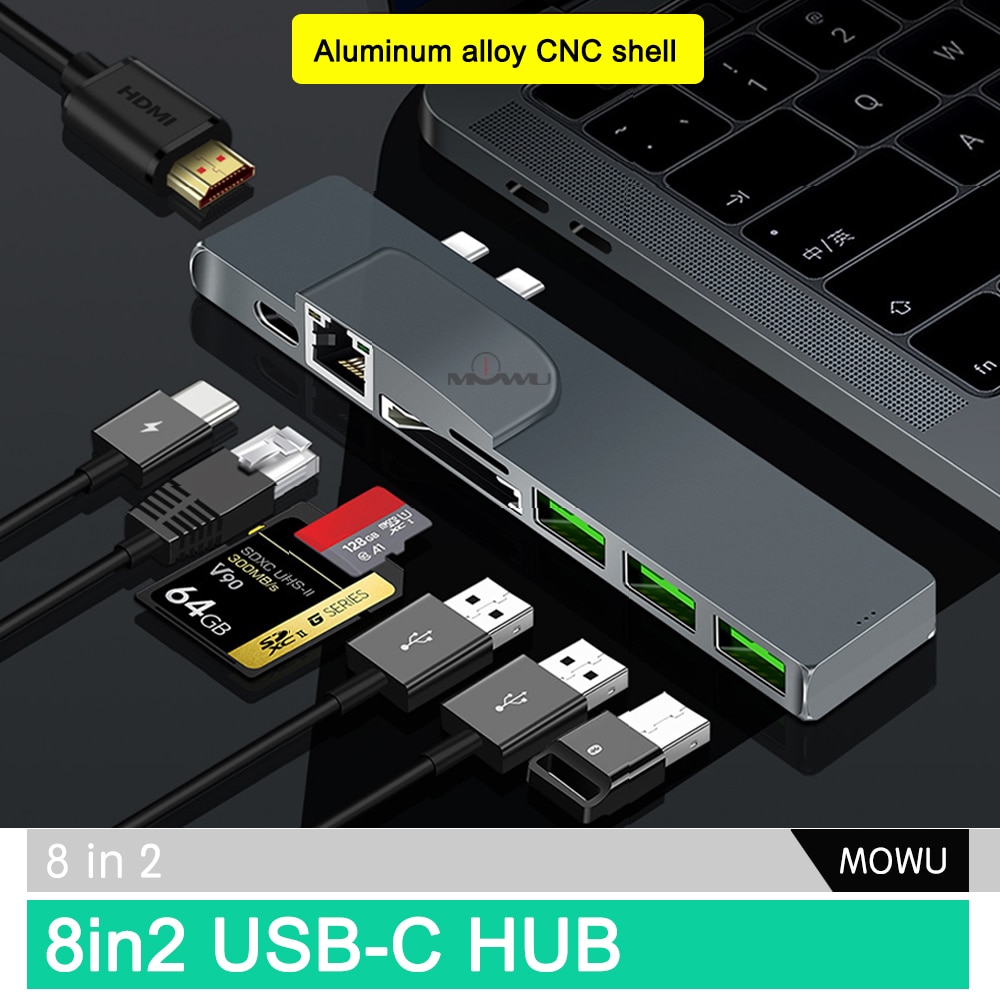 MOWU Dual Type-c HUB with Thunderbolt 3 USB3.0 SD/TF Card Reader 4K HDMI For MacBook Pro 13&quot; 15&quot; 8 in 2 HUB