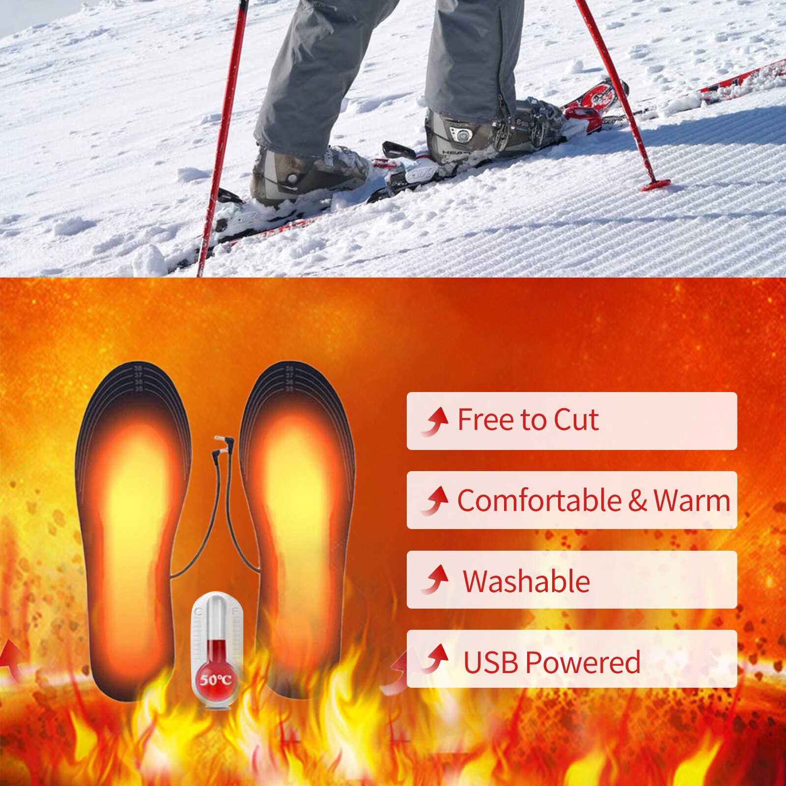 Men Women Heated Insoles USB Rechargeable Winter Warm Heated Insoles Lightweight Electric Warm Insoles for Outdoor Size 5.5-9.5