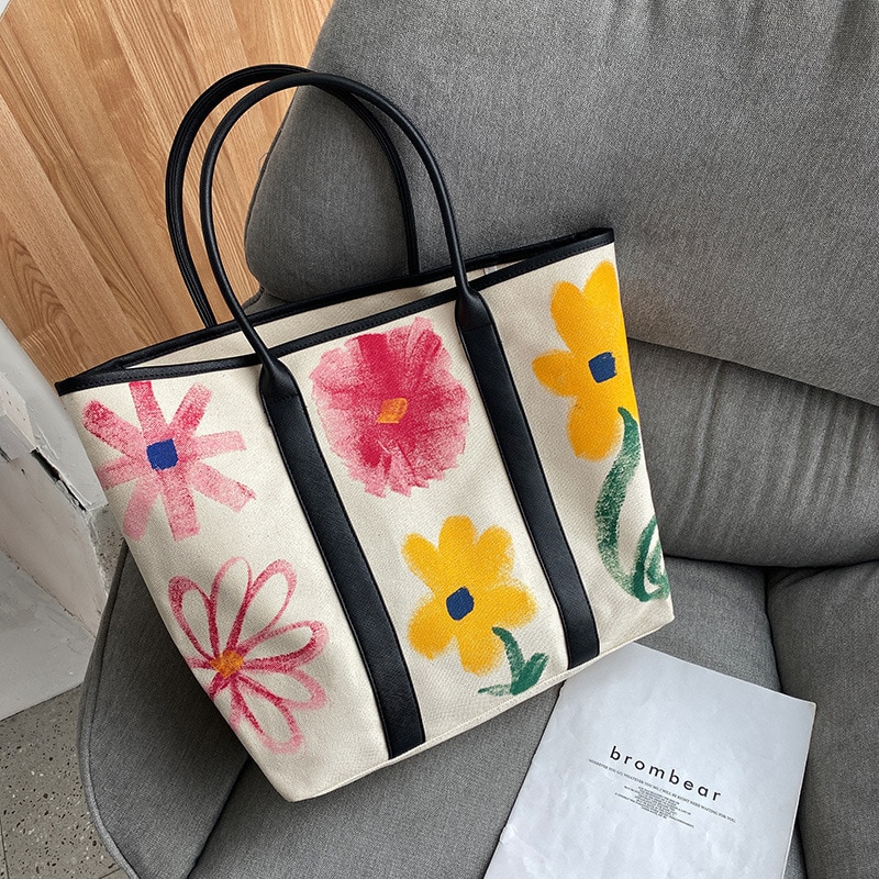 Shoulder Bags Women's Bag Canvas Graffiti Flower Bag Hand Bill Shoulder Large-capacity Shopping Bag Daisy Tote Bag Handbags