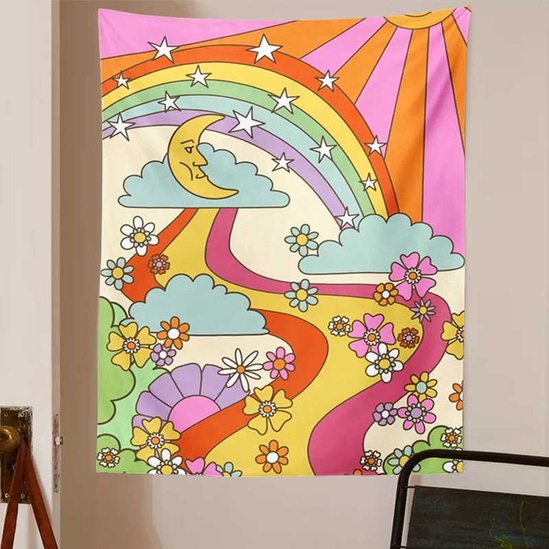 Tenture murale rétro arc-en-ciel 70s 60s, tapisserie Vintage psychédélique, trébuchant soleil lune INS Trippy, décoration murale Hippie