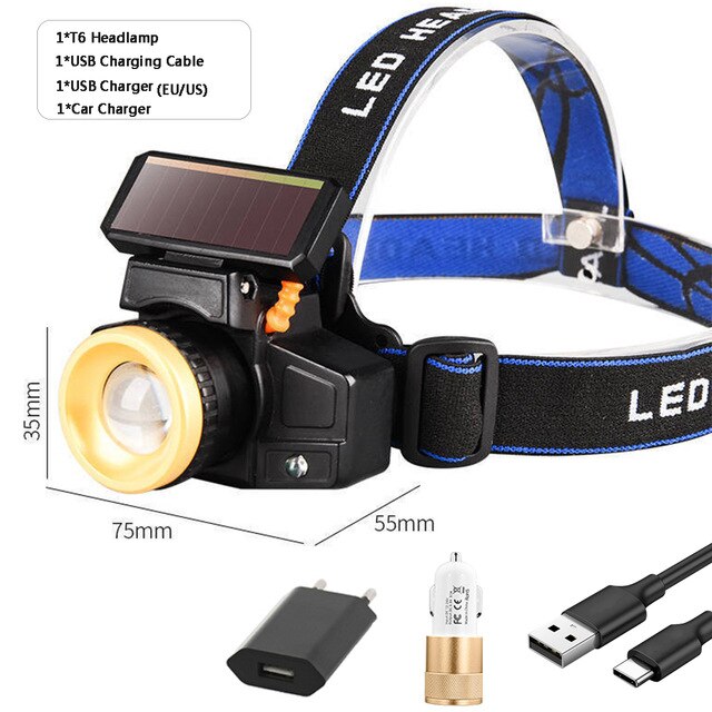 Solar Charging Headlamp USB Rechargeable Motion Sensor Headlight Outdoor Fishing Lamp Strong Long Range Zoom Headlights: C / With Sensor
