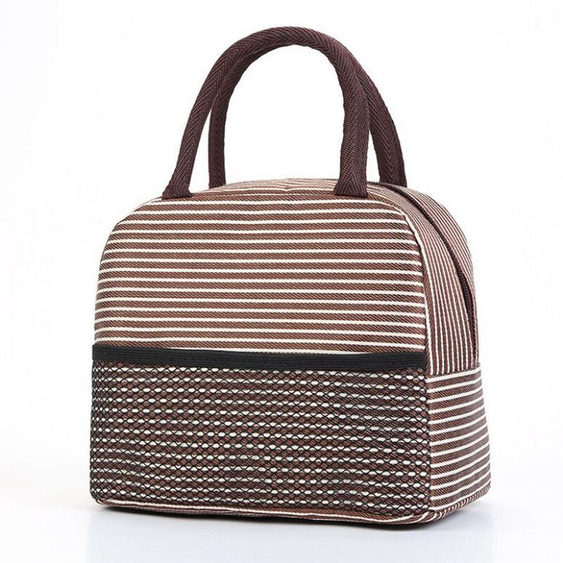 Japanese Stripe Waterproof Nylon Lunch Bags Portable Women Student Lunch Box Thermo Bag Office School Picnic Cooler Bags Bolsos: Brown