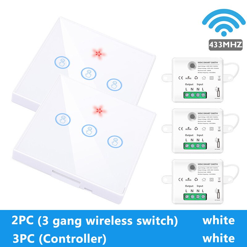 433MHZ Wiring-free Tempered Touch Wireless Switch Free Sticker + Hidden Switch Controller Module Set: 12