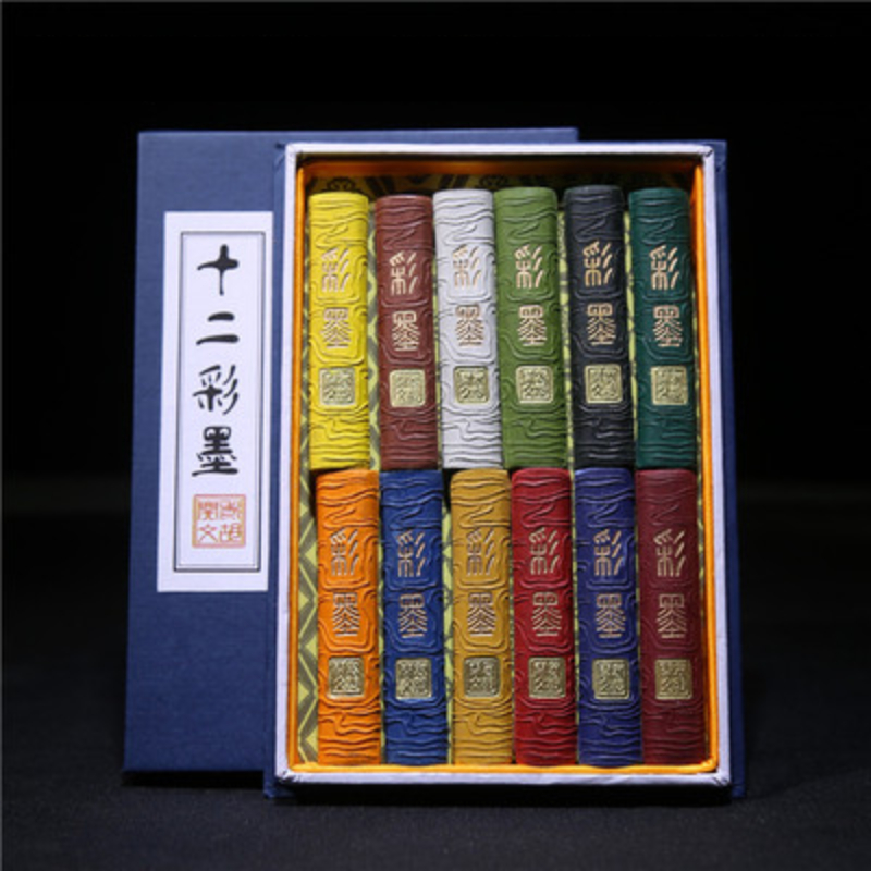 Mineral 12 Color Ink Stick Set Chinese Painting Calligraphy Ink Stone Watercolor Painting Stone Dragons Pattern Ink Grinding Set