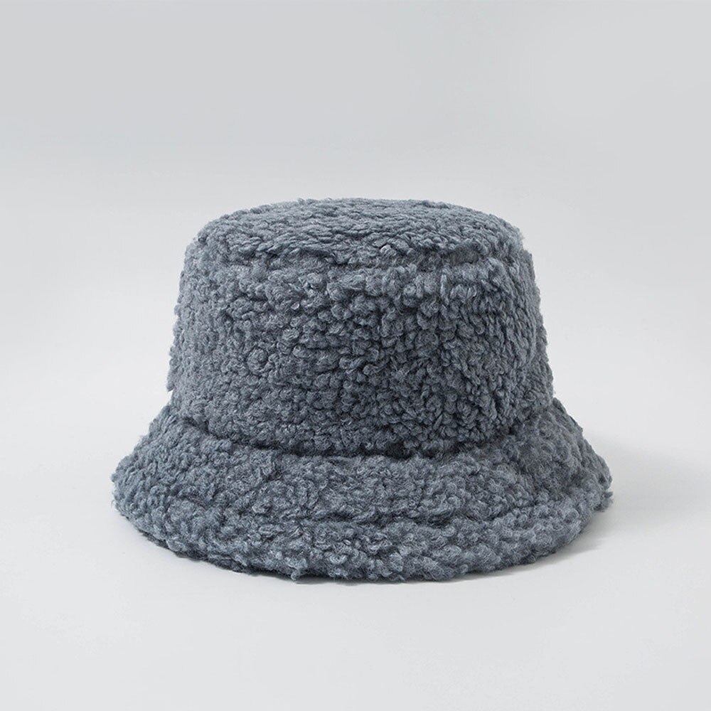 2022 Unisex Bucket Hat Graffiti Solid Women Men Fishing Fisherman Hat Autumn Winter Lamb Wool Outdoor Warm Panama Cap: Blue Gray