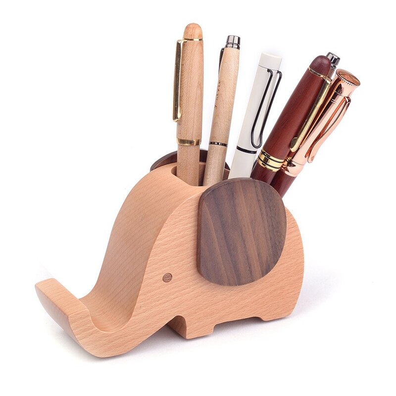 Wooden Elephant Cell Phone Holder/Stand with Pen&Pencil Holder Desk Decoration Multi-Functional Supplies Stationery Organizer Gi