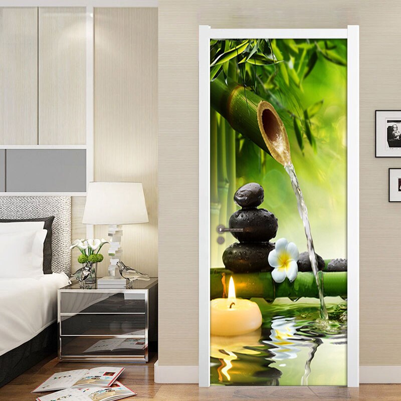 Pegatinas de puerta de paisaje de bambú verde 3D DIY, autoadhesivo de PVC, Mural de puerta de sala de estar, pegatina de pared, póster, papel tapiz fotográfico