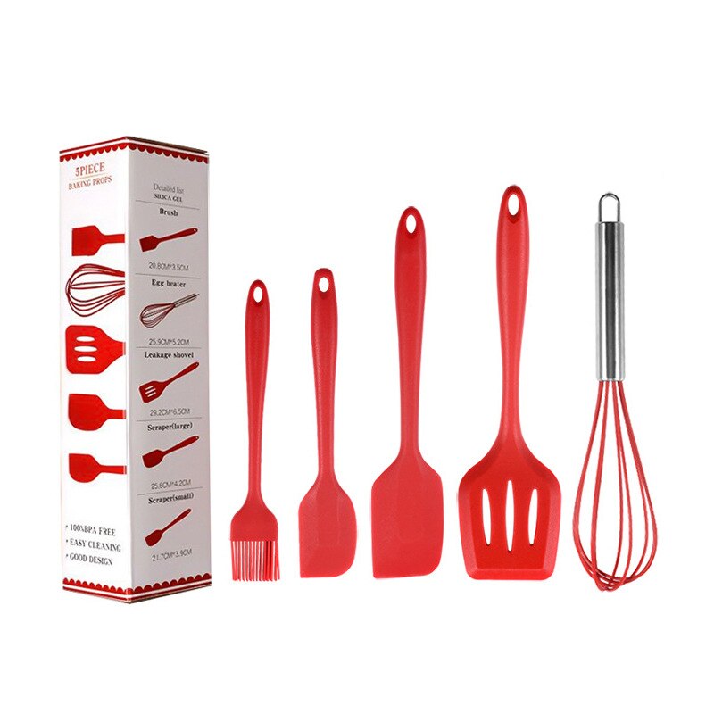 5PCS Silicone Cooking Utensils Set Heat Resistant Non-stick Spatula Tools Baking Kitchen Tool Accessories Dinnerware Sets: Rood