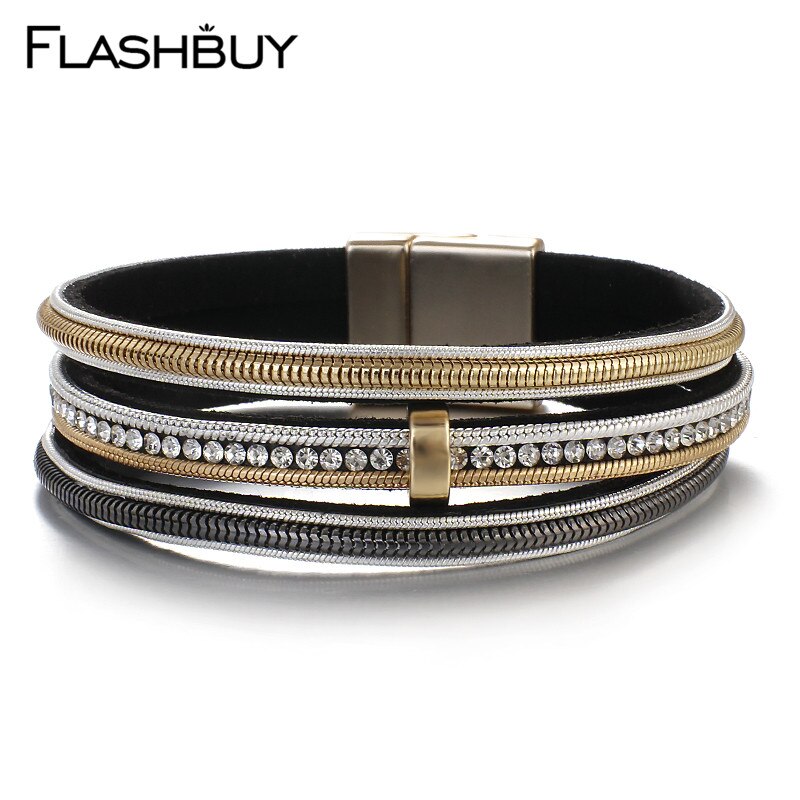 Flashbuy Rhinstone Multilayer Leather Bracelets For Women Vintage Metal Charms Wrap Bracelets Charms Jewelry Femme Accessories