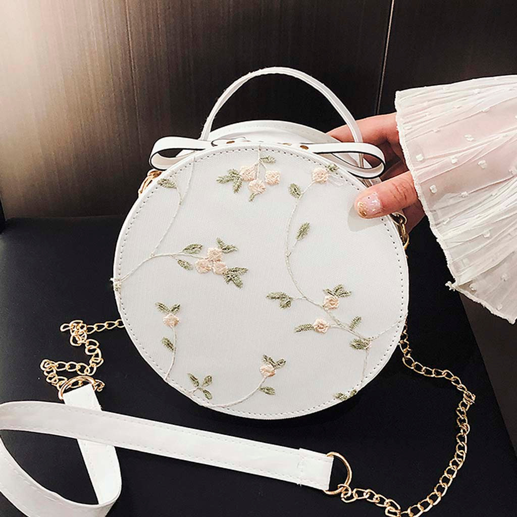 doux dentelle ronde sacs à main de en cuir PU femmes sacs à bandoulière femme petite fleur fraîche chaîne sac à bandoulière