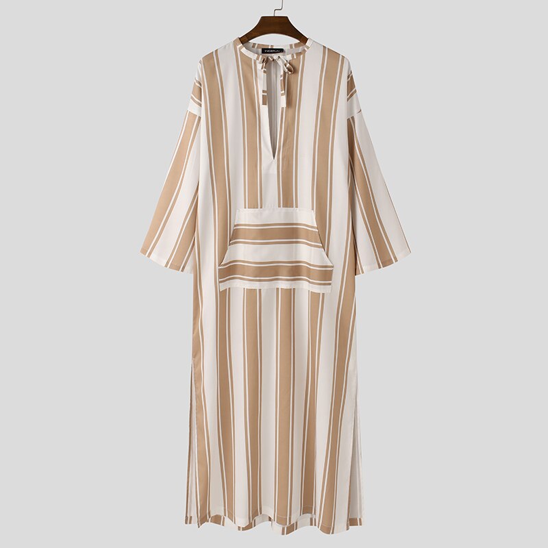 Incerun heren islamitische jubba thobe gestreepte vetersluiting losse lange mouwen gewaad zakken midden-oosten dubai kaftan heren islamitische arabische kaftan: Khaki / Xl